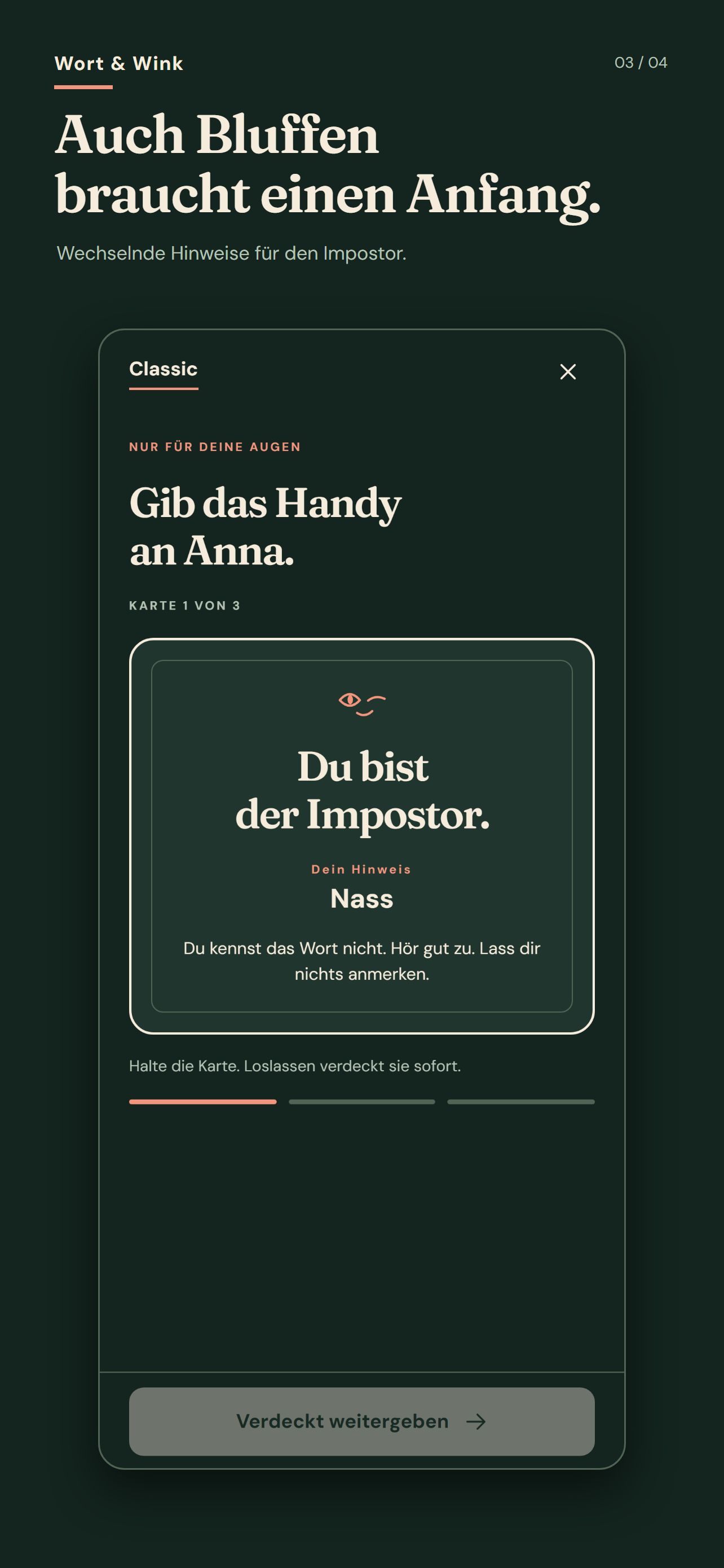 Die geheime Impostor-Karte mit einem Hinweis